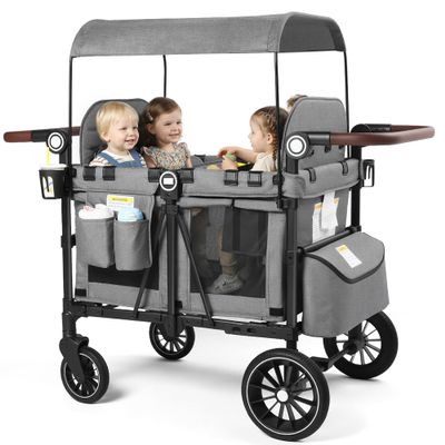 Kinder King Wagon Stroller for 4 Kids, Adjustable Handle, Grey