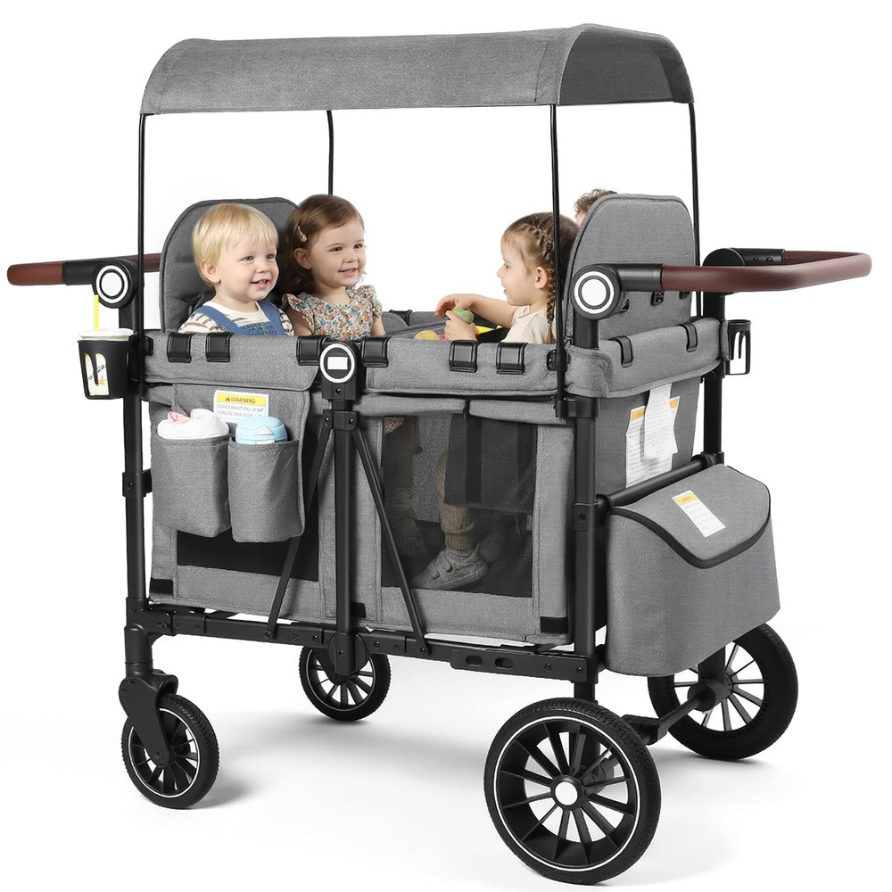 Kinder King Wagon Stroller for 4 Kids, Adjustable Handle, Grey