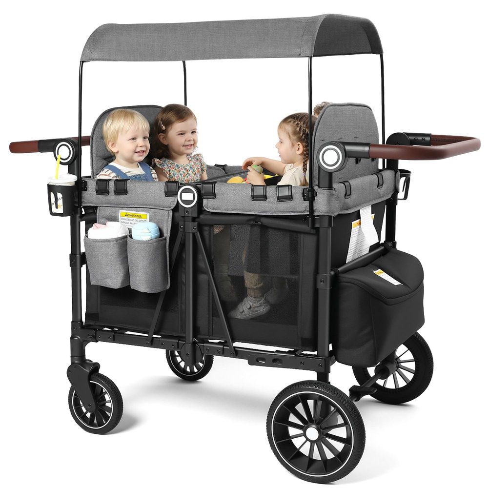 Kinder King Wagon Stroller for 4 Kids, Adjustable Handle, Black&Grey