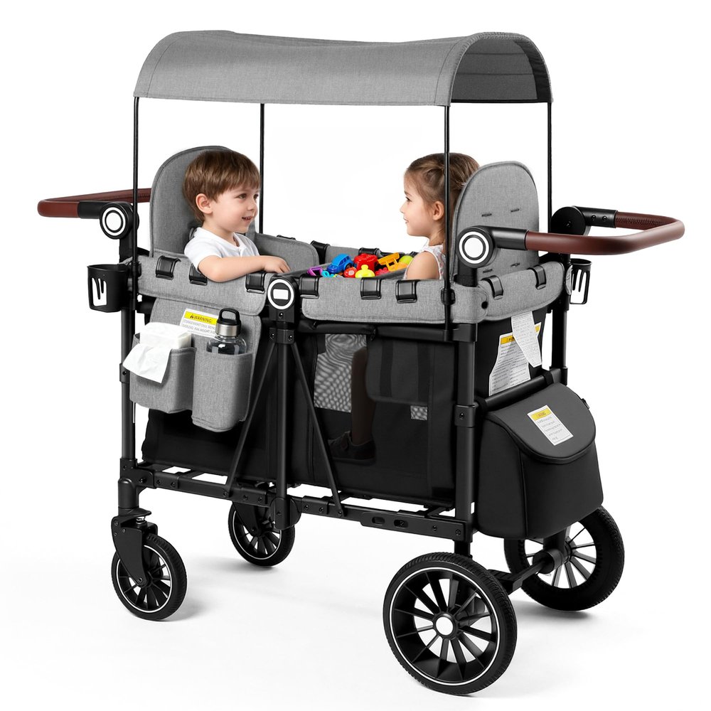 Kinder King Wagon Stroller for 2 Kids, Shock-Absorbing Wheel, Black&Grey
