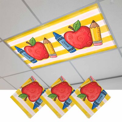 Fluorescent Light Covers, Children's Day Magnetic Light Covers for Ceiling Lights, Funny Cartoon Pencil Yellow Striped Fluorescent Ceiling Shade Filters for Classroom Bedroom Office 4x2Ft x 3PCS