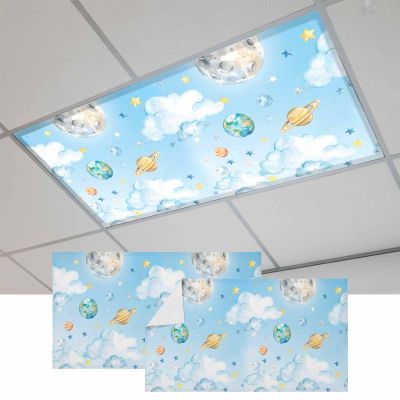 Fluorescent Light Covers, Blue Sky Magnetic Light Covers for Ceiling Lights, Cartoon Cute Planets Universe Star Cloud Fluorescent Ceiling Shade Filters for Classroom Bedroom Office 4x2Ft x 2PCS