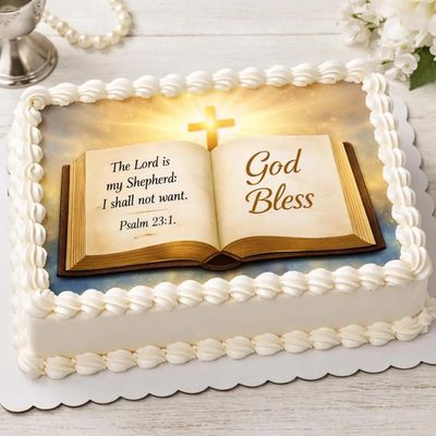 SugarMeLicious Bible Edible Cake Topper Image, Christian Faith Cake Decoration, Open Bible And Cross Religious Dessert Decor, 1/4 Sheet Frosting Sheet