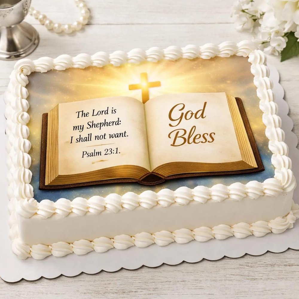 SugarMeLicious Bible Edible Cake Topper Image, Christian Faith Cake Decoration, Open Bible And Cross Religious Dessert Decor, 1/4 Sheet Frosting Sheet