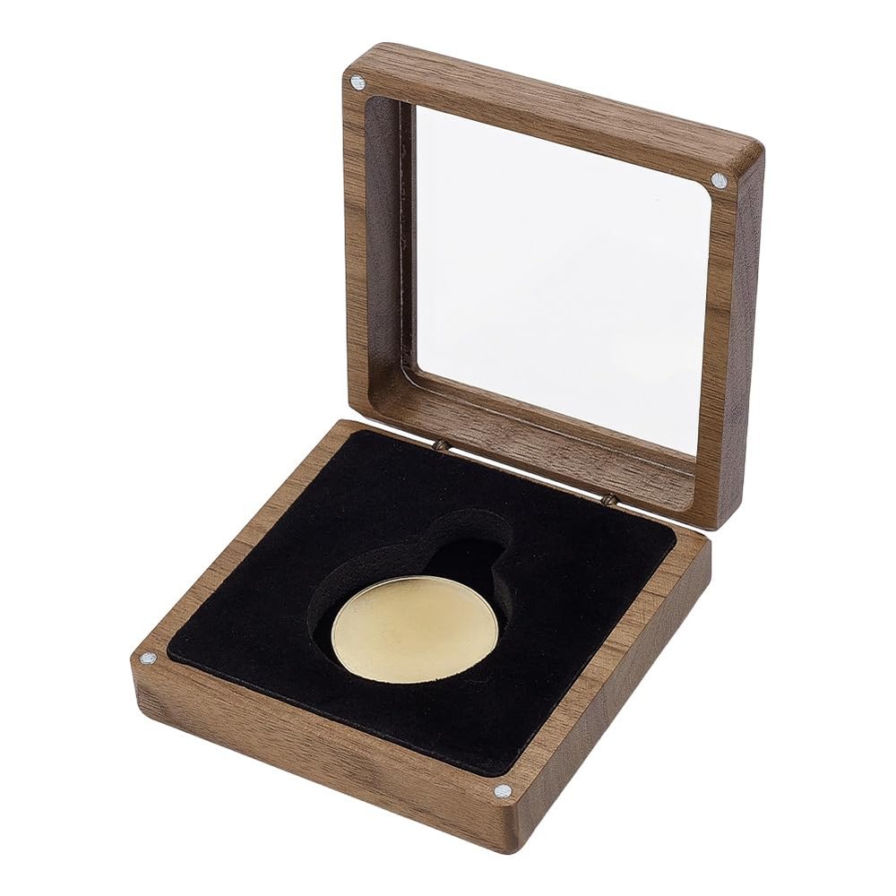 PH PandaHall Walnut Wood Challenge Coin Display Box, Medal Military Coin Presentation Box with Clear Window 4x4x1.54 inch Square Coins Badge Storage Box for 45mm Coins Collectors Gift