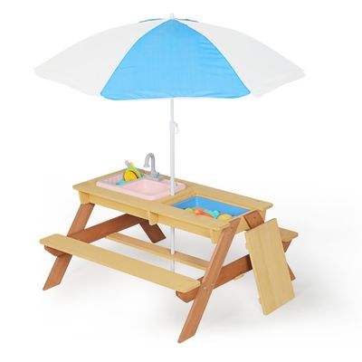 Wooden Picnic Table, Sand and Water Table with Umbrella