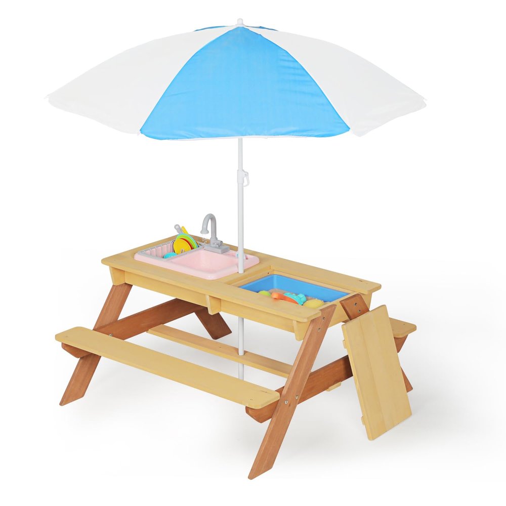 Wooden Picnic Table, Sand and Water Table with Umbrella