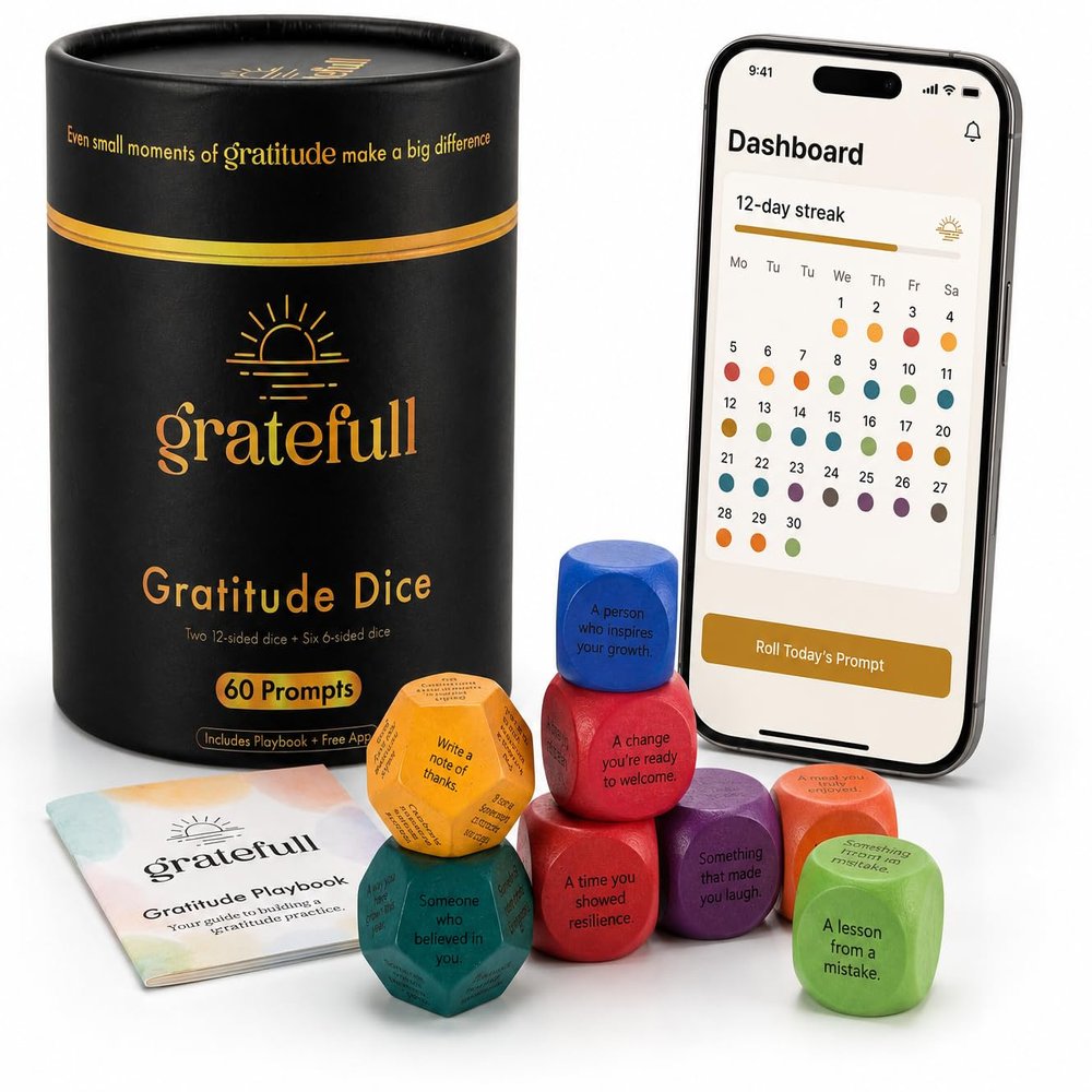 Gratitude Dice Set with Companion Journal App - 8 Wooden Dice, 60 Reflection Prompts & Playbook - 5 Minute Daily Mindfulness, Self Care & Conversation Starter Gift for Women, Men, Couples, Family