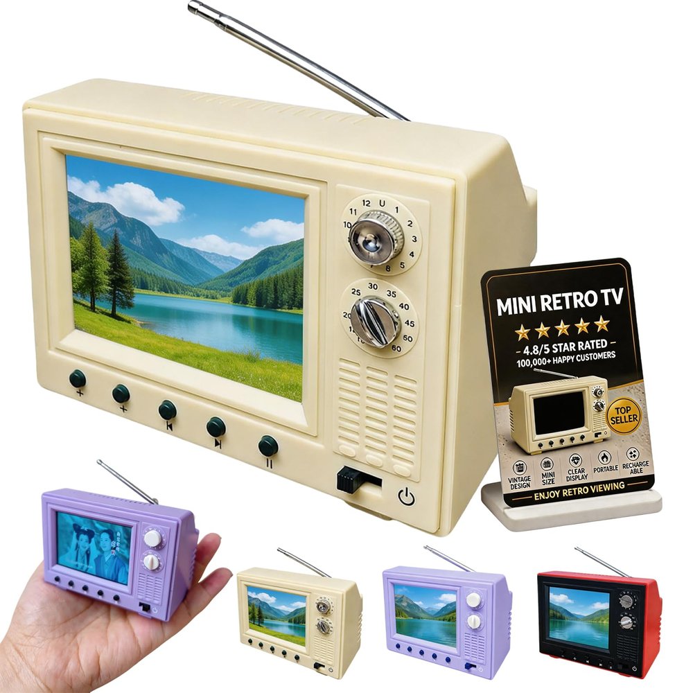 Rechargeable Mini Retro TV Player, Cartoon Retro Mini TV with Headphone & USB Playback, 720P with 8GB Memory, 1:12 Scale Classics for Desktop Ornament & Hobby Collection Decor (Yellow)