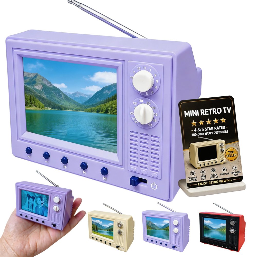 Rechargeable Mini Retro TV Player, Cartoon Retro Mini TV with Headphone & USB Playback, 720P with 8GB Memory, 1:12 Scale Classics for Desktop Ornament & Hobby Collection Decor (Purple)