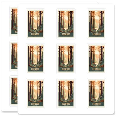 Redwood National Park Mid Century Modern Art Retro Travel Poster Hiking Forest Waterproof UV Resistant 18 Pack 2 Inch Vinyl Decal Sticker