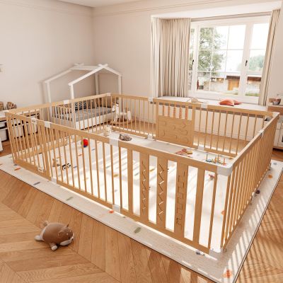Wooden Baby Playpen, 96"x64" Extra Large Play Yard for Toddlers