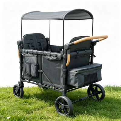 Foldable Wagon with Canopy, Premium Stroller Wagon 4 Seater, Heavy Duty Wagon Stroller for 2 Kids, Toddlers and Infants, Collapsible Utility Cart for Zoo Trips and Disney Cruise