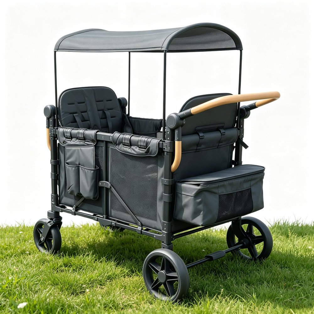 Foldable Wagon with Canopy, Premium Stroller Wagon 4 Seater, Heavy Duty Wagon Stroller for 2 Kids, Toddlers and Infants, Collapsible Utility Cart for Zoo Trips and Disney Cruise