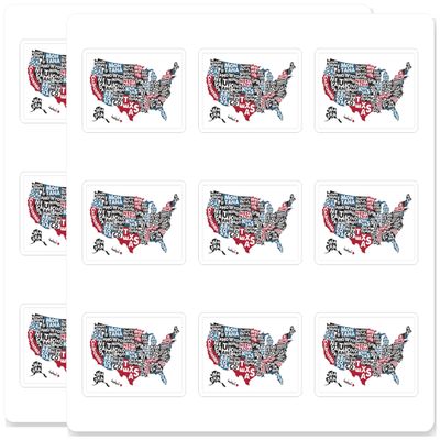 Poster map of United States of America with State Names USA Typographic Patriotic Waterproof Weatherproof UV Resistant Durable 18 Pack 2 Inch Vinyl Decal Sticker