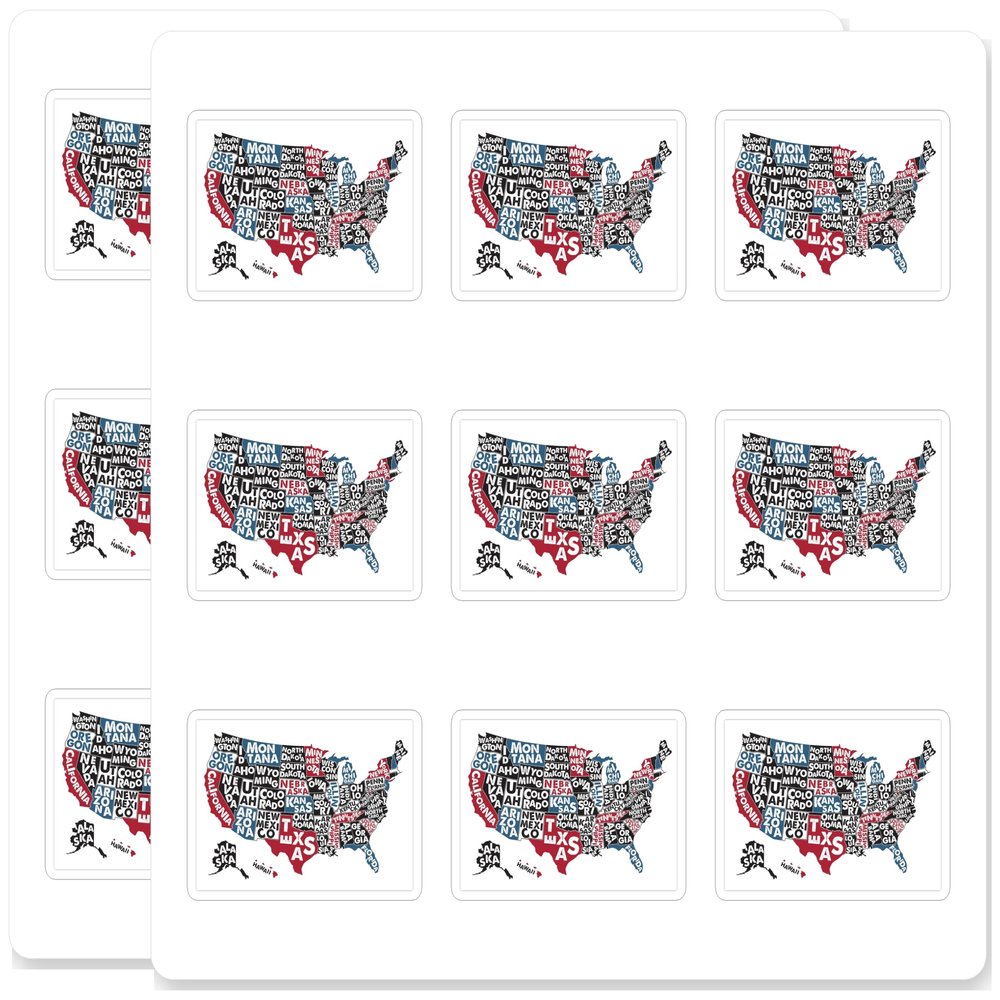 Poster map of United States of America with State Names USA Typographic Patriotic Waterproof Weatherproof UV Resistant Durable 18 Pack 2 Inch Vinyl Decal Sticker