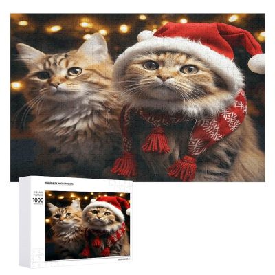 Christmas Cat Wooden Jigsaw Puzzle Set with Storage Box 1000 PCS Smooth Touch Wood Decorative Puzzles Art Wooden Puzzle Gift for Adult Home Relaxation Game & Wall Art Decor
