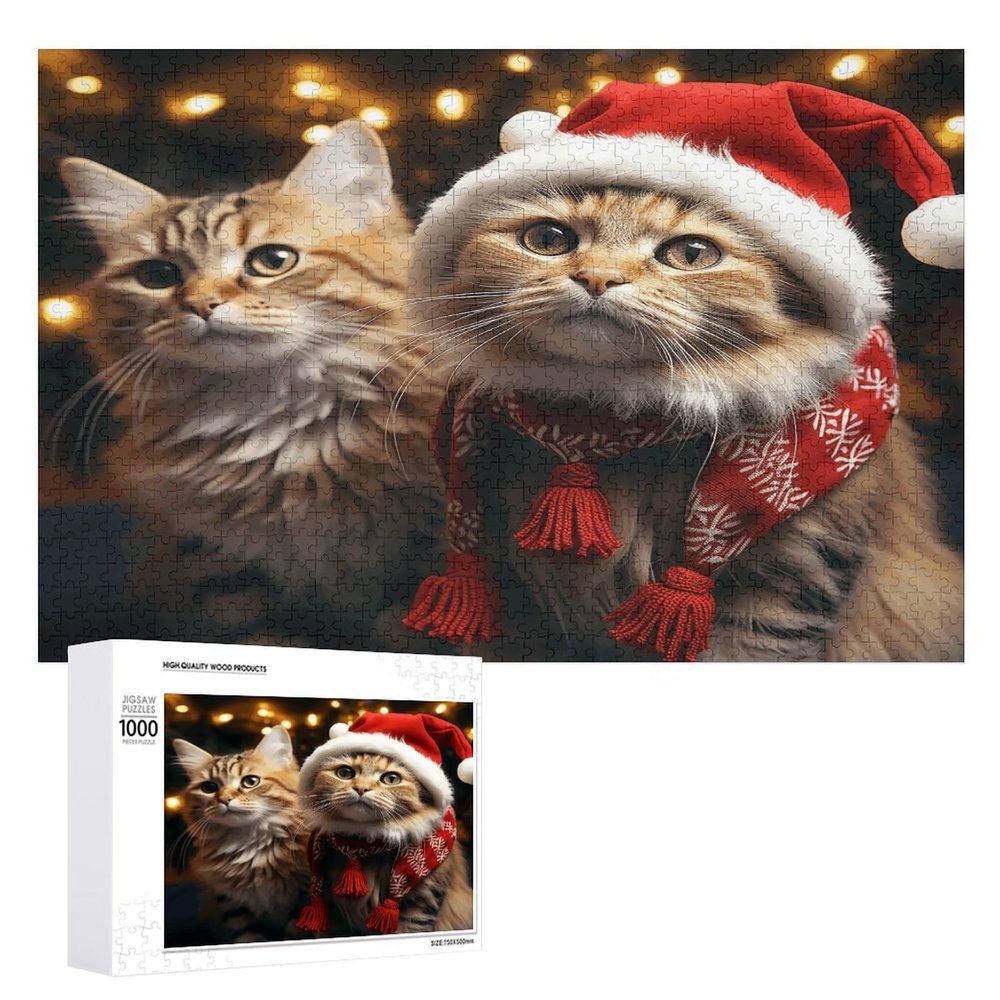 Christmas Cat Wooden Jigsaw Puzzle Set with Storage Box 1000 PCS Smooth Touch Wood Decorative Puzzles Art Wooden Puzzle Gift for Adult Home Relaxation Game & Wall Art Decor