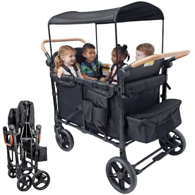 4 Seater Wagon Stroller for Kids, Premium Quad Stroller Wagon with Canopy, Foldable Wagon with Adjustable Handle, Foot Brake and All-Terrain Wheels, Heavy Duty Toddler Carriage for Family Trip
