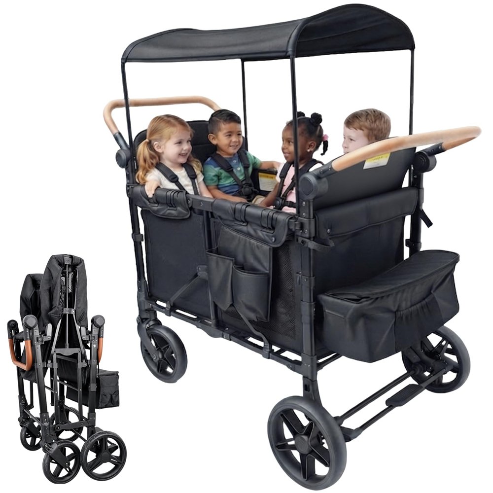 4 Seater Wagon Stroller for Kids, Premium Quad Stroller Wagon with Canopy, Foldable Wagon with Adjustable Handle, Foot Brake and All-Terrain Wheels, Heavy Duty Toddler Carriage for Family Trip
