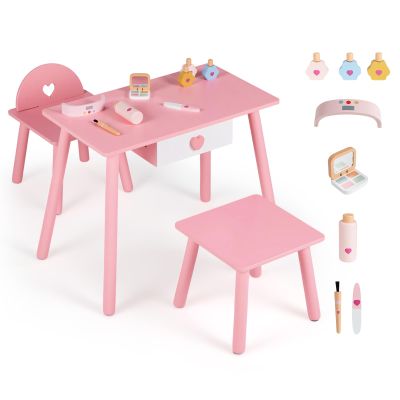 HONEY JOY Kids Pretend Nail Salon Set, Wooden Beauty Manicure Table w/Eye Shadow, Nail Dryer/Brush/File/Polish Kit, Drawer, Toddler Nail Care Station w/Chair & Stool (Heart Pink)
