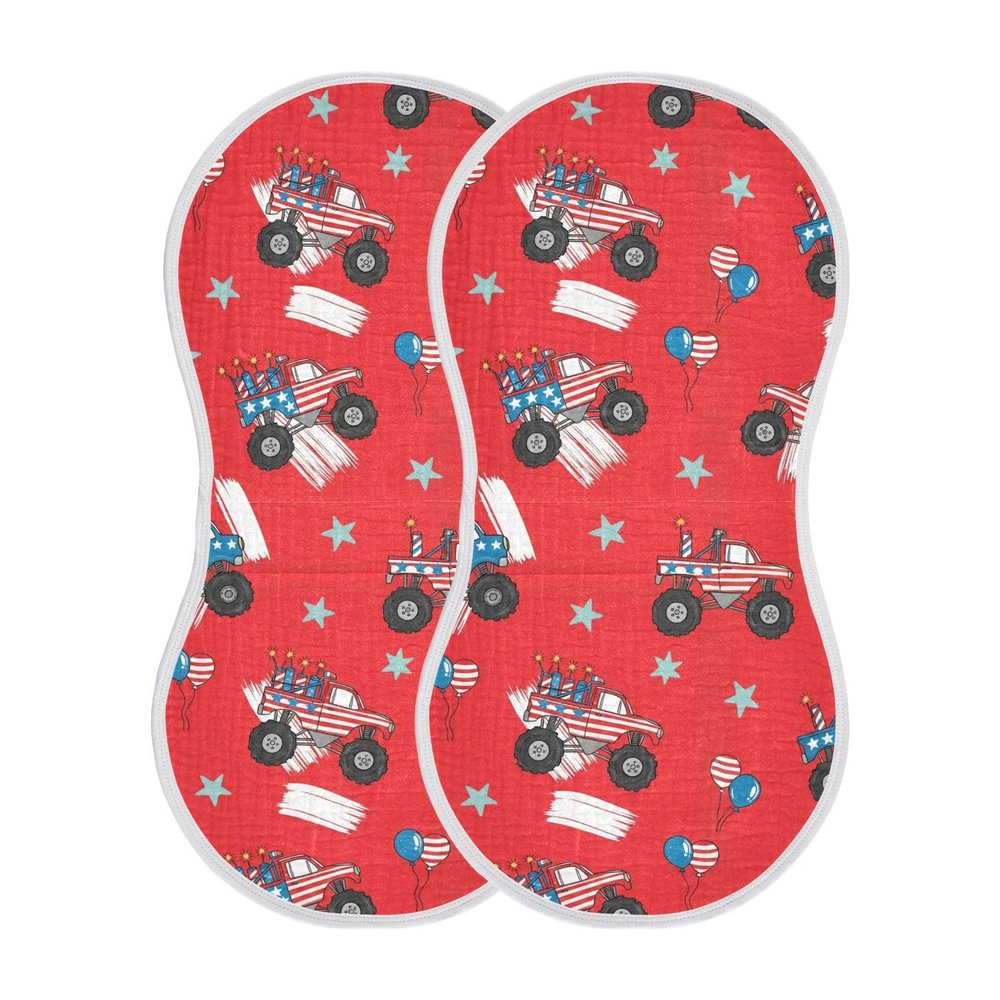 Qinllo Muslin Burp Cloths 4th of July Monster Trucks Pattern Cotton Baby Burp Cloths 2 Pack Ultra Absorbent Soft Burping Cloth Washcloths for Newborn Babies 22"x11"