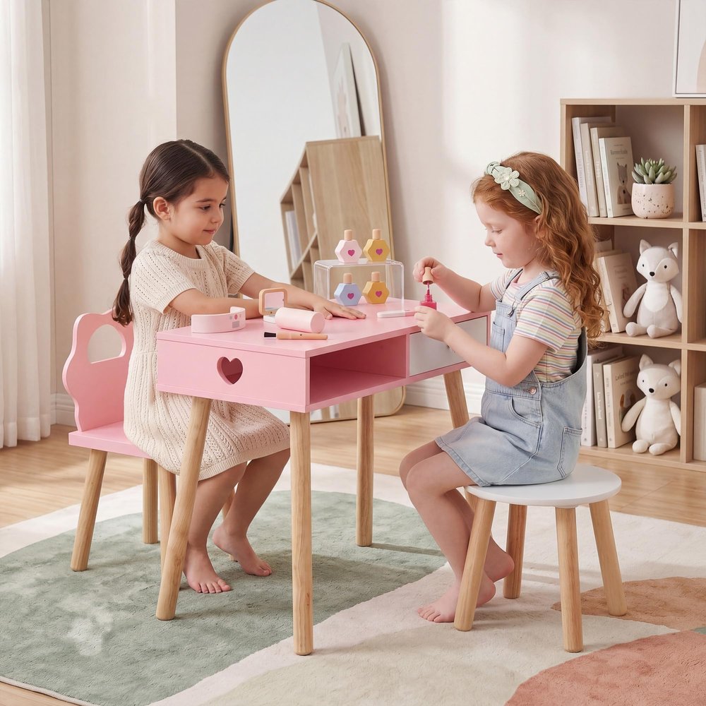 HONEY JOY Kids Pretend Nail Salon Set, Wooden Beauty Manicure Table w/Eye Shadow, Nail Dryer/Brush/File/Polish Kit, Drawer, Toddler Nail Care Station w/Chair & Stool (Flower Pink)