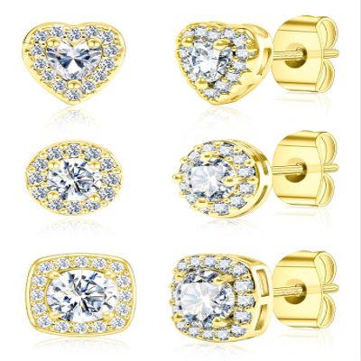3 Pairs of S925 Sterling Silver Zirconia Halo Stud Earrings(14k Gold)
