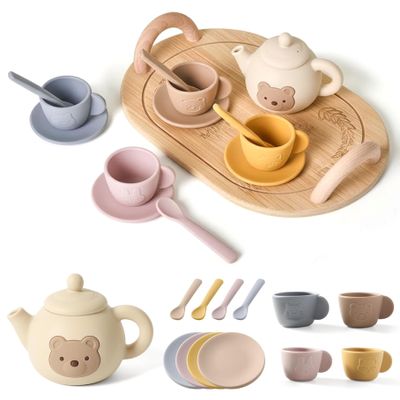 Tea Sets for Toddlers 3-5, Educational Tea Party Set with Silicone Teapot, Cups, Coasters with Serving Spoon for Girls and Boys, Summer Decor