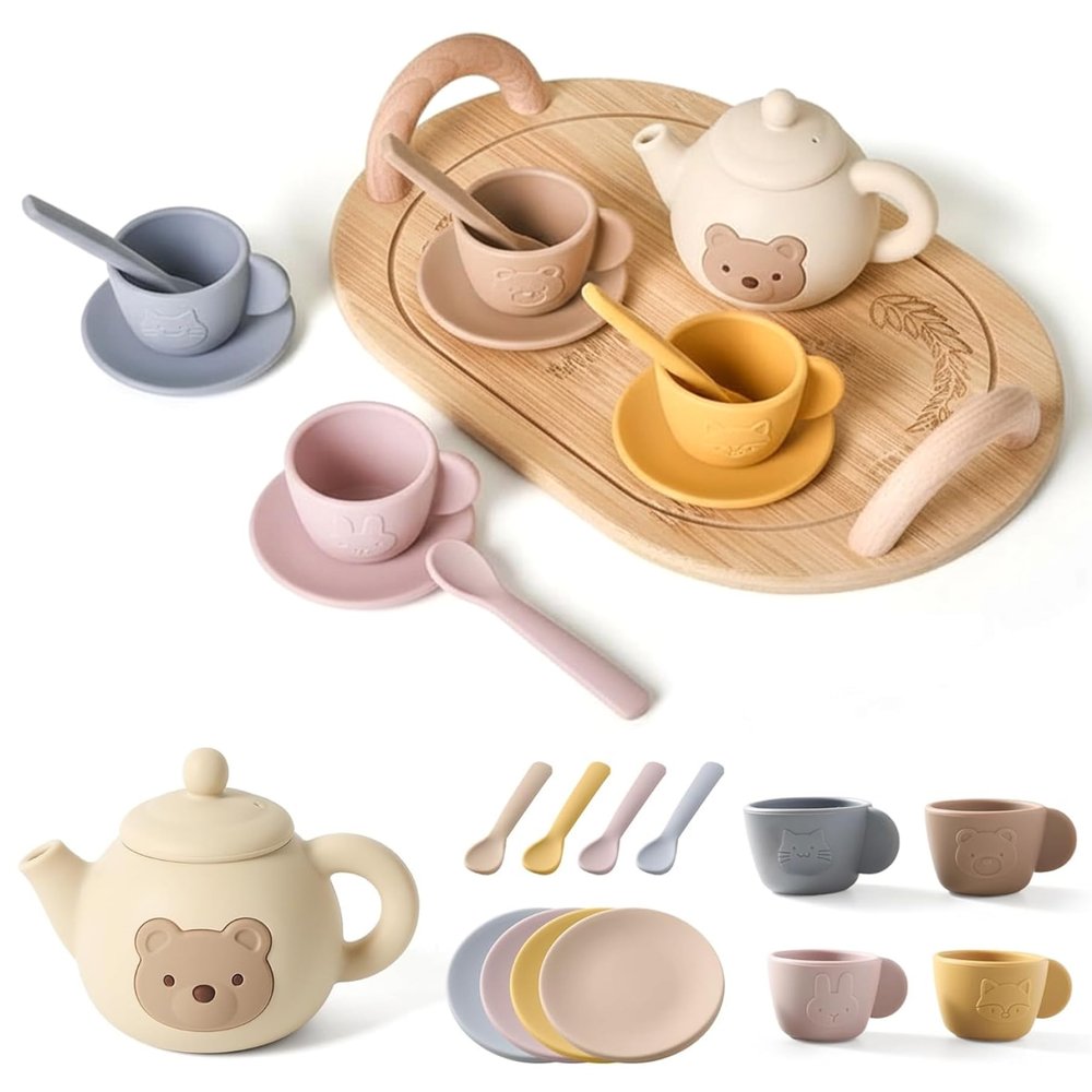 Tea Sets for Toddlers 3-5, Educational Tea Party Set with Silicone Teapot, Cups, Coasters with Serving Spoon for Girls and Boys, Summer Decor