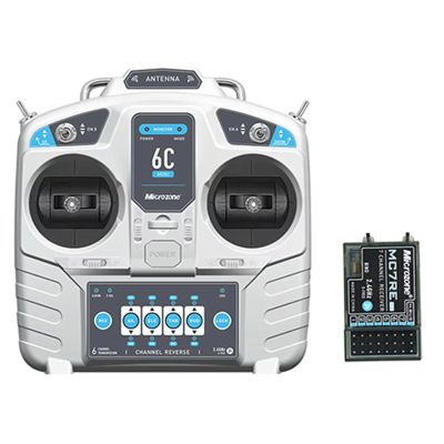 Microzone 6C-MINI 2.4GHz FHSS 6-Channel RC Transmitter with MC7RE-V2 Receiver, Mode 1/Mode 2 Radio Controller, PWM & SBUS Output, Built-in Antenna for RC Airplanes, Cars and Boats (Mode 2/Right Hand)
