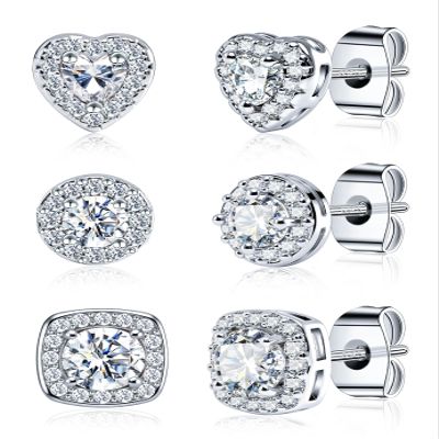3 Pairs of S925 Sterling Silver Zirconia Halo Stud Earrings(18K White Gold)