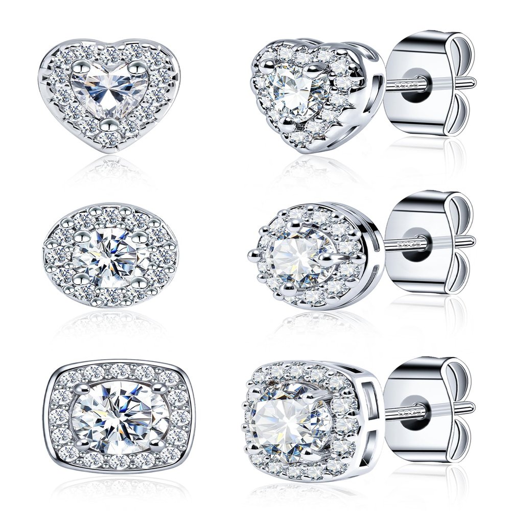 3 Pairs of S925 Sterling Silver Zirconia Halo Stud Earrings(18K White Gold)