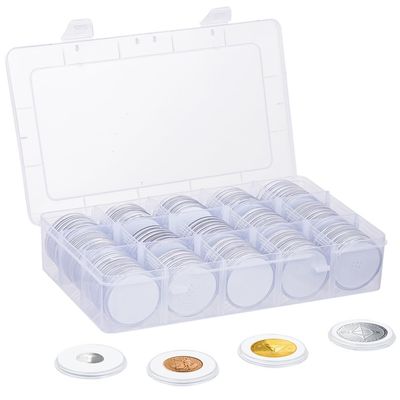 100 Pcs Coin Capsules for Collection, Acrylic Coin Holders with Adjustable Gaskets and Storage Box, Clear Silver Coin Display Cases for 0.66, 0.78, 0.98, 1.06, 1.18, 1.5, 1.81 in Coins