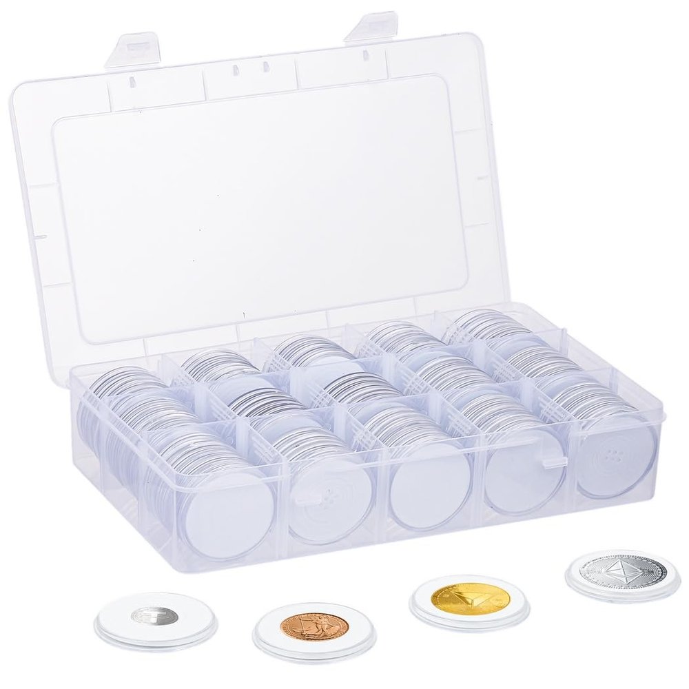 100 Pcs Coin Capsules for Collection, Acrylic Coin Holders with Adjustable Gaskets and Storage Box, Clear Silver Coin Display Cases for 0.66, 0.78, 0.98, 1.06, 1.18, 1.5, 1.81 in Coins