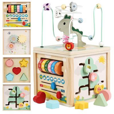 kazemizu Wooden Activity Cube, Montessori Sensory Learning Toys for 1 2 3 Year Old Toddlers, Sorting & Bead Maze Developmental Toy for Boys Girls, First Birthday Gifts for 12-18 Months