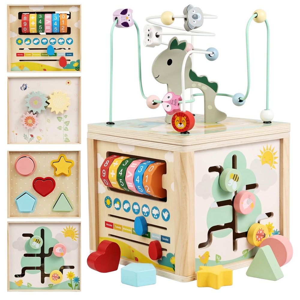 kazemizu Wooden Activity Cube, Montessori Sensory Learning Toys for 1 2 3 Year Old Toddlers, Sorting & Bead Maze Developmental Toy for Boys Girls, First Birthday Gifts for 12-18 Months