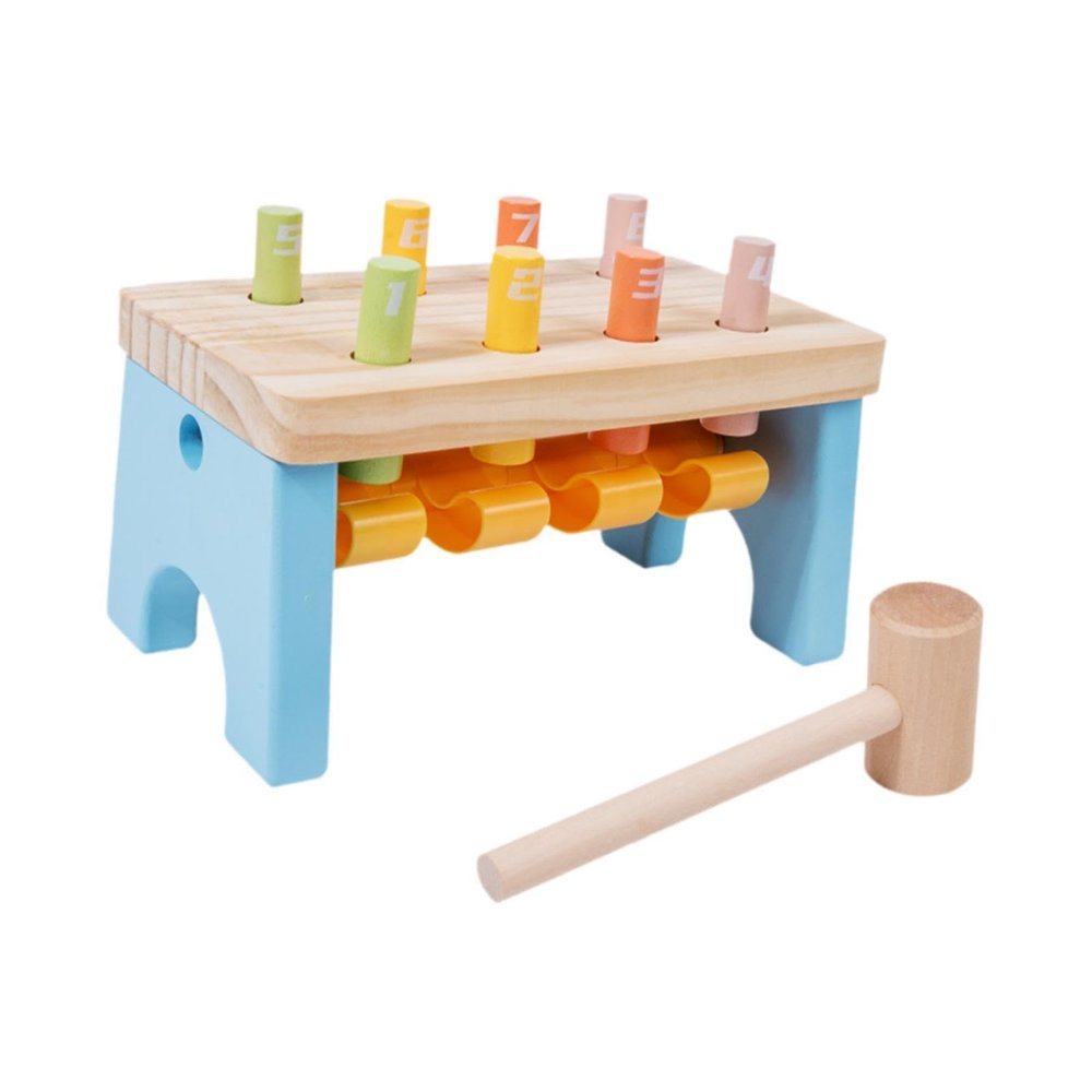 Simhoa Wooden Pounding Bench Toy with 8 Pegs Fine Motor Skill and Mallet for Children