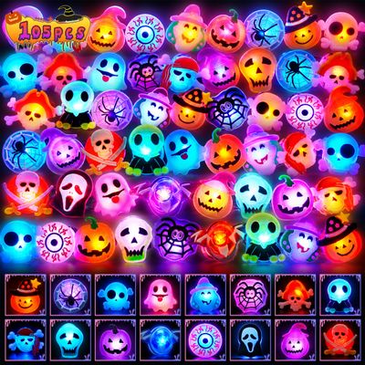 Tiaxidex 105Pcs Halloween Treats Light Up LED Rings, Non Candy Halloween Trick or Treats 3D Flashing Rings Toys Glow In the Dark Halloween Party Favor Ring, Gifts For Kids Adults, Goodie Bag Stuffers