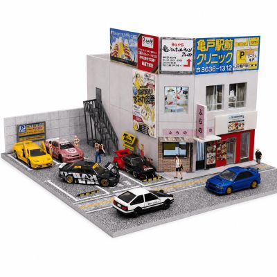 1/64 Diorama Japanese Garage Model, LED Lighting Parking Lot Scene Display
