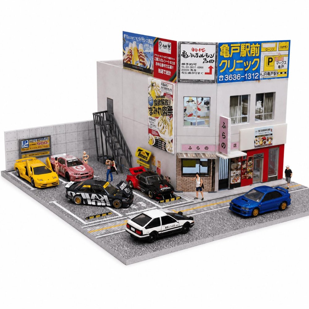 1/64 Diorama Japanese Garage Model, LED Lighting Parking Lot Scene Display