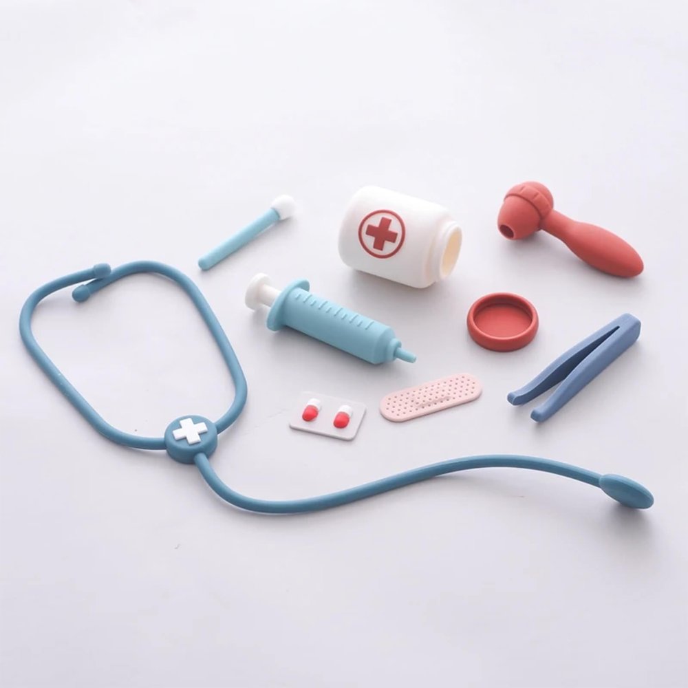 Jessruly Silicone Doctor Play Set Simulation Medical Kit with Stethoscope, Medicine Bottle and Syringe, Safe and Soft Doctor Kit for Imaginative Role Play (White) (Blue)