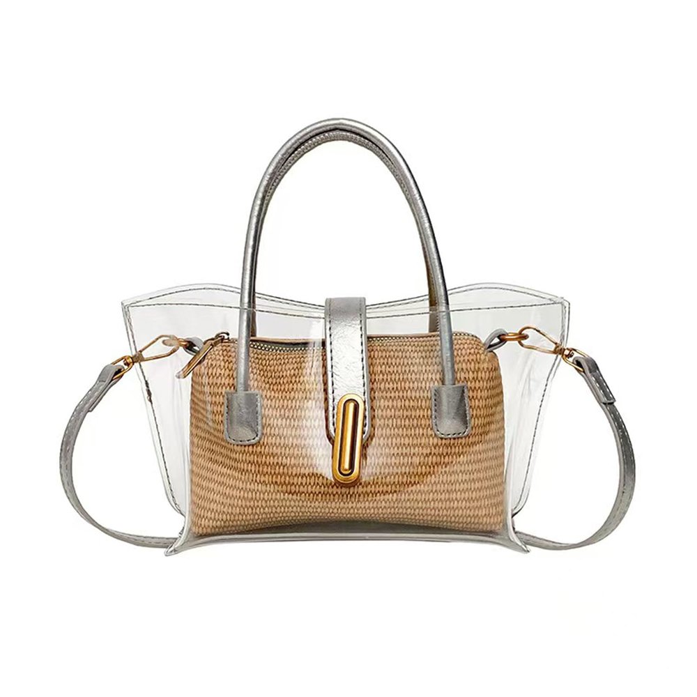 JNZGYBW Clear Stadium Bag Clear Purse Adjustable Strap Transparent Straw Inner For Women Stadium Events Concert Beach Work (Gray)