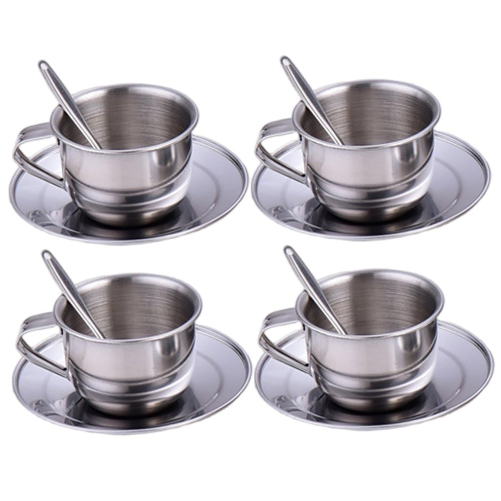 NASSMOSSE Kids Tea Set Heat-Resistant Stainless Steel Childrens Tea Set with 4 70ml Cup, 4 Saucer and Spoon for Girls and Boys
