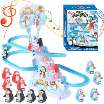 NASSMOSSE Toy Car Track Electric Penguin Climbing Stairs Toys with 9 Penguin Toy, Race Track Game with Music and Flashing LED Lights, Slide Rollercoaster Toys