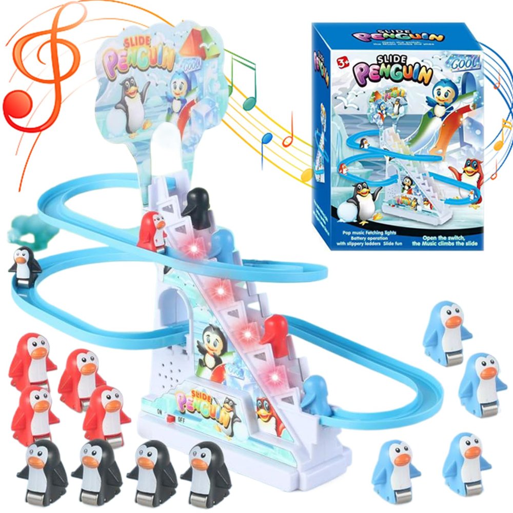 NASSMOSSE Toy Car Track Electric Penguin Climbing Stairs Toys with 9 Penguin Toy, Race Track Game with Music and Flashing LED Lights, Slide Rollercoaster Toys