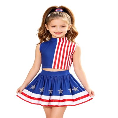 Kaerm Independence Day Apparel for Girls Elegant Party Dress Mock Neck Stripes Patchwork Outfits Blue Red White 6