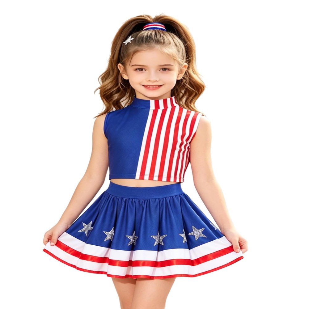 Kaerm Independence Day Apparel for Girls Elegant Party Dress Mock Neck Stripes Patchwork Outfits Blue Red White 6