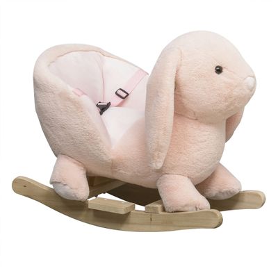 Rabbit Wooden Rocking Horse with Simulated Sound, Wooden Base, Seat Belt, Plush Stuffed Rocking Chair for Baby, Toddler, 18-36 Months, Pink