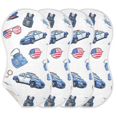 Mazeann Police Car Pattern Burp Cloths Baby Boys Girls Absorbent Soft Cotton Burping Cloths Rags 4 Pack